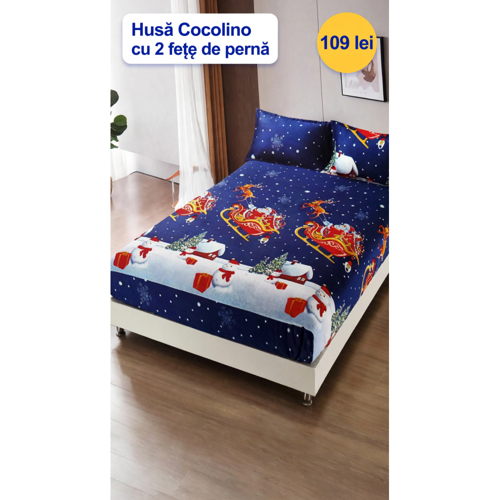 Husă de pat Cocolino cu elastic și 2 fețe de pernă, model de Crăciun HCCY6 HUSE COCOLINO CRACIUN