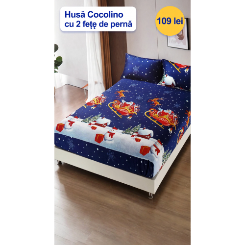Husă de pat Cocolino cu elastic și 2 fețe de pernă, model de Crăciun HCCY6