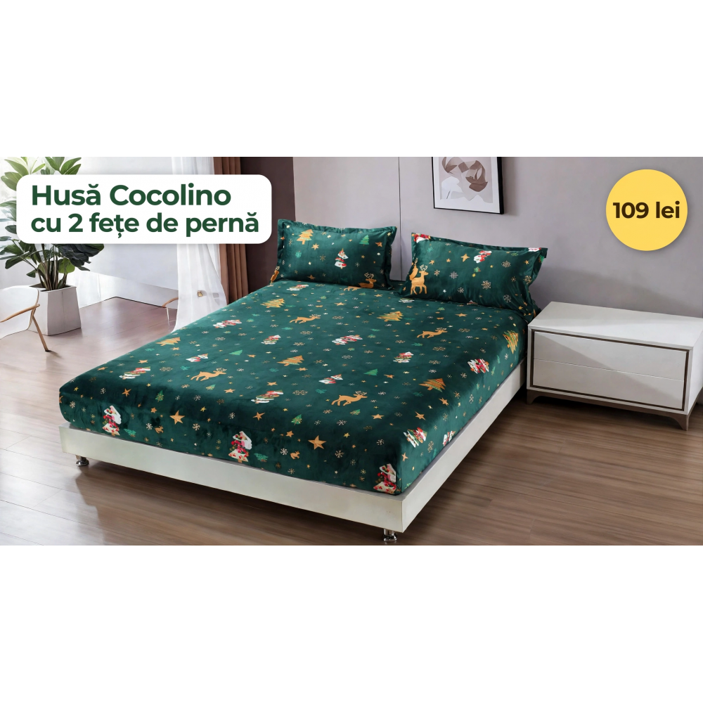 Husă de pat Cocolino cu elastic și 2 fețe de pernă, model de Crăciun HCCY7 HUSE COCOLINO CRACIUN