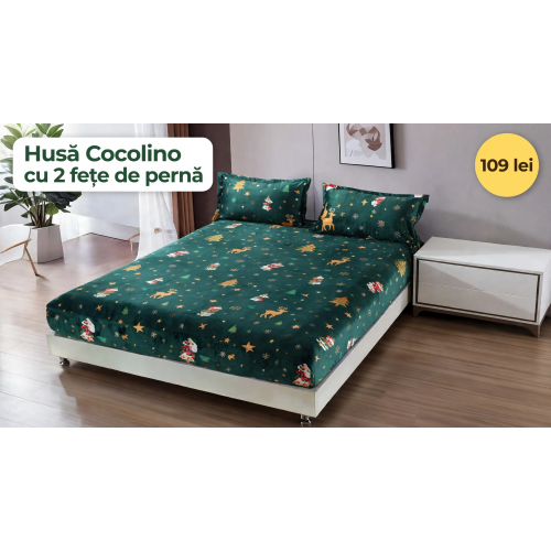 Husă de pat Cocolino cu elastic și 2 fețe de pernă, model de Crăciun HCCY7
