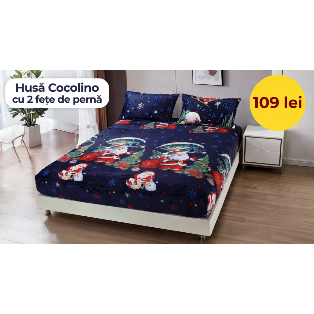 Husă de pat Cocolino cu elastic și 2 fețe de pernă, model de Crăciun HCCY8 HUSE COCOLINO CRACIUN