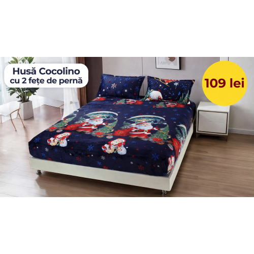 Husă de pat Cocolino cu elastic și 2 fețe de pernă, model de Crăciun HCCY8