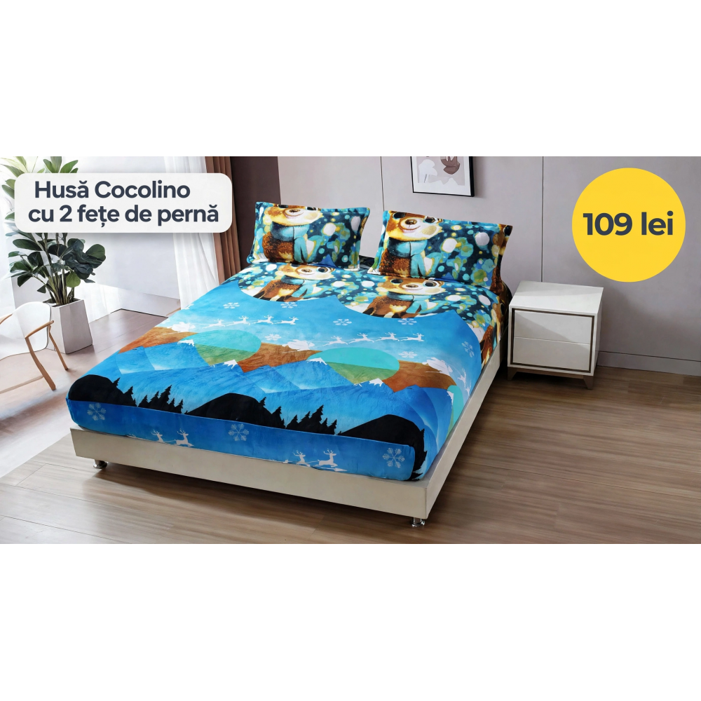 Husă de pat Cocolino cu elastic și 2 fețe de pernă, model de Crăciun HCCY9 HUSE COCOLINO CRACIUN