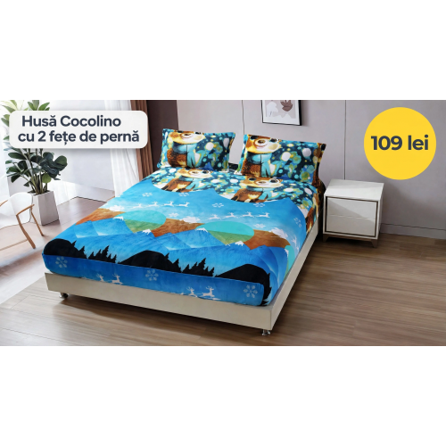 Husă de pat Cocolino cu elastic și 2 fețe de pernă, model de Crăciun HCCY9