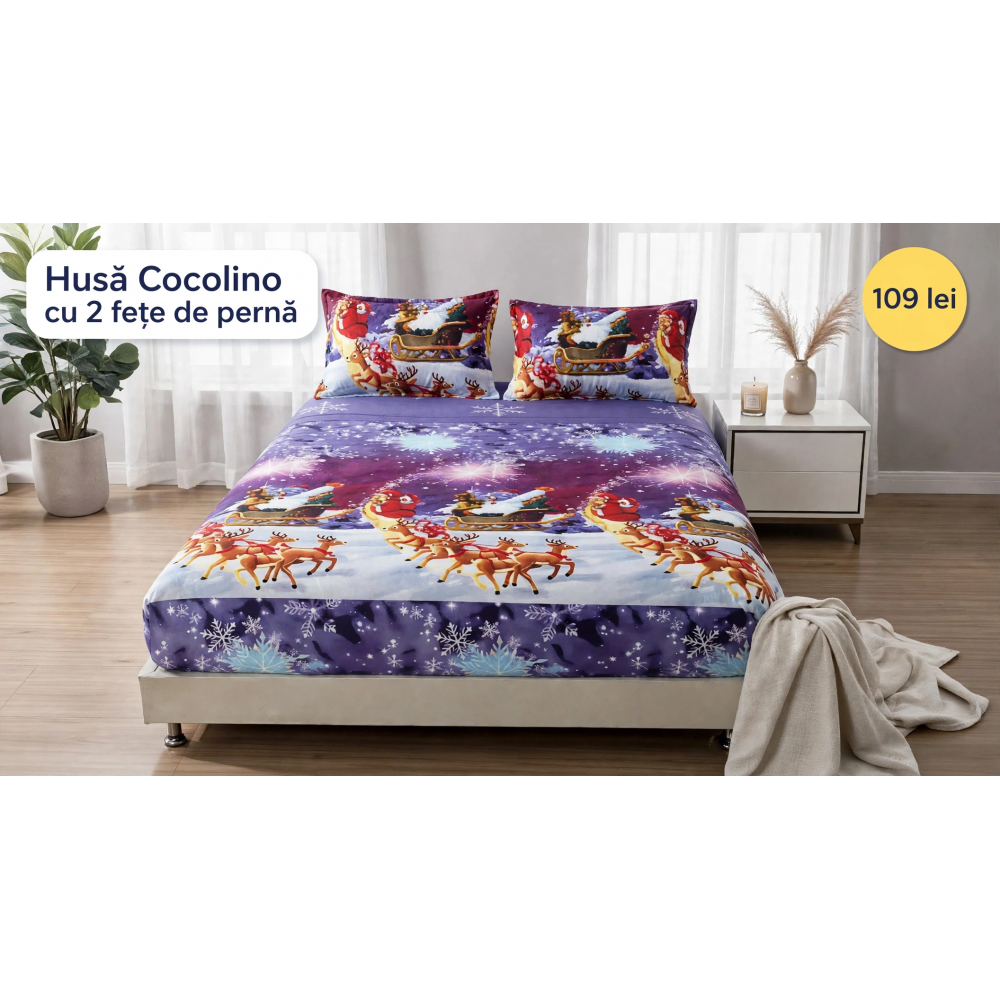 Husă de pat Cocolino cu elastic și 2 fețe de pernă, model de Crăciun HCCY10 HUSE COCOLINO CRACIUN
