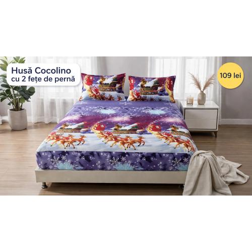 Husă de pat Cocolino cu elastic și 2 fețe de pernă, model de Crăciun HCCY10