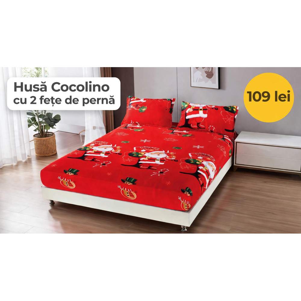 Husă de pat Cocolino cu elastic și 2 fețe de pernă, model de Crăciun HCCY11 HUSE COCOLINO CRACIUN