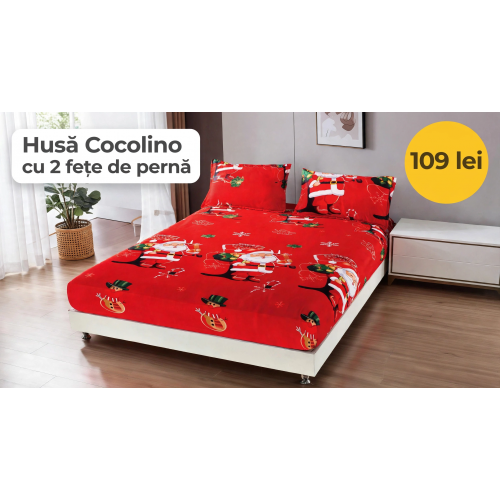 Husă de pat Cocolino cu elastic și 2 fețe de pernă, model de Crăciun HCCY11