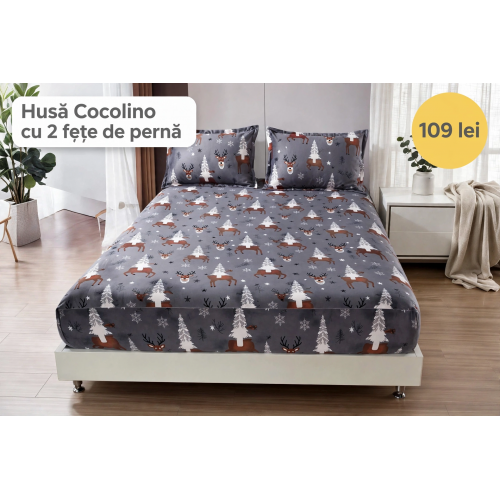Husă de pat Cocolino cu elastic și 2 fețe de pernă, model de Crăciun HCCY12