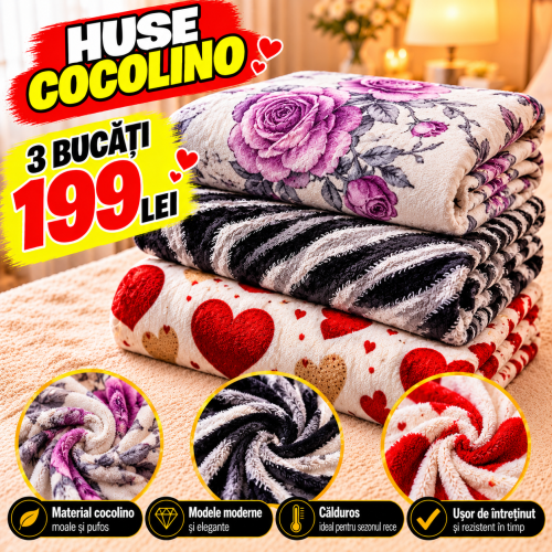 Set 3 Huse de Pat Cocolino cu Elastic + 6 Fețe de Pernă – Modele Asortate – Super Ofertă 199 Lei S3HCE32