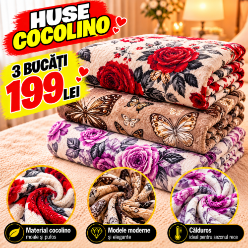 Set 3 Huse de Pat Cocolino cu Elastic + 6 Fețe de Pernă – Modele Asortate – Super Ofertă 199 Lei S3HCE34