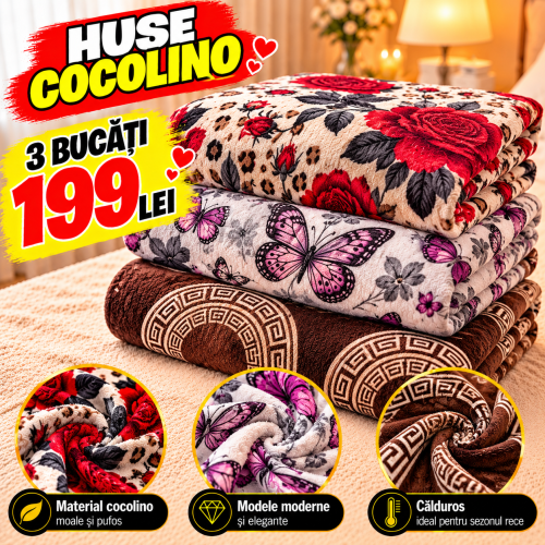 Set 3 Huse de Pat Cocolino cu Elastic + 6 Fețe de Pernă – Modele Asortate – Super Ofertă 199 Lei S3HCE36