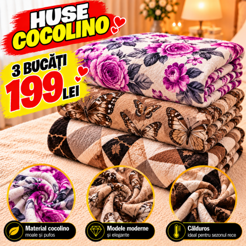Set 3 Huse de Pat Cocolino cu Elastic + 6 Fețe de Pernă – Modele Asortate – Super Ofertă 199 Lei S3HCE43