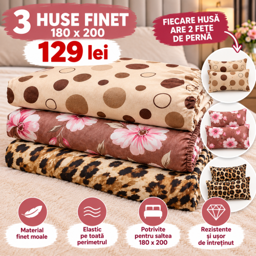 Set 3 Huse de Saltea Finet cu Elastic 140,160 sau180x200 cm + 6 Fețe de Pernă –129 lei  S3HF1