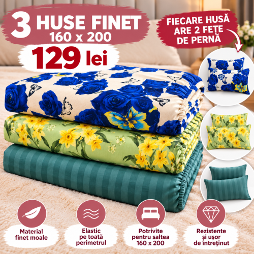 Set 3 Huse de Saltea Finet cu Elastic 140,160 sau180x200 cm + 6 Fețe de Pernă –129 lei  S3HF2