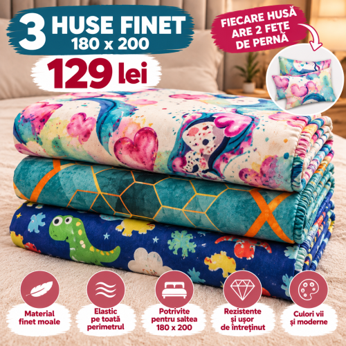 Set 3 Huse de Saltea Finet cu Elastic 140,160 sau180x200 cm + 6 Fețe de Pernă –129 lei  S3HF5