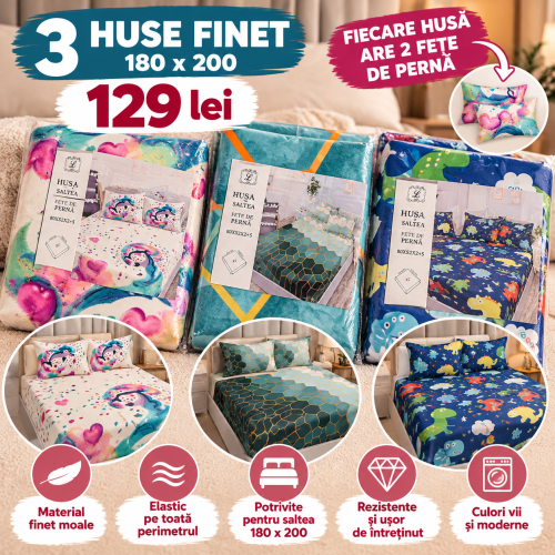 Set 3 Huse de Saltea Finet cu Elastic 140,160 sau180x200 cm + 6 Fețe de Pernă –129 lei  S3HF5