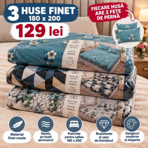 Set 3 Huse de Saltea Finet cu Elastic 140,160 sau180x200 cm + 6 Fețe de Pernă –129 lei  S3HF6