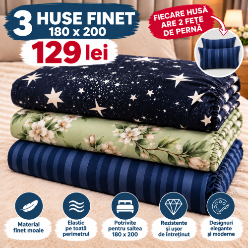 Set 3 Huse de Saltea Finet cu Elastic 140,160 sau180x200 cm + 6 Fețe de Pernă –129 lei  S3HF7