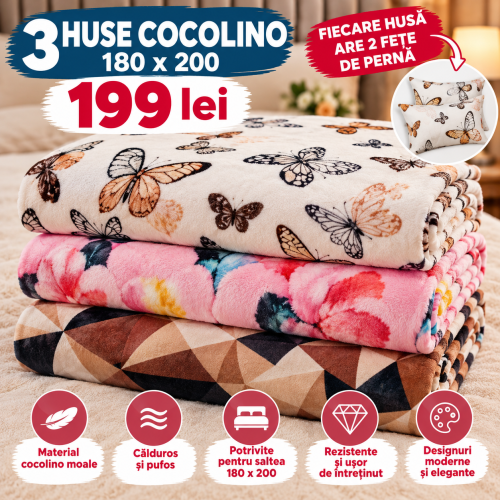 Set 3 Huse de Pat Cocolino cu Elastic + 6 Fețe de Pernă – Modele Asortate – Super Ofertă 199 Lei S3HCE44
