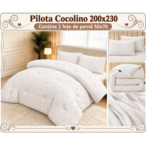 Pilotă Cocolino Pufoasă 200x230 cm – Set 3 Piese cu 2 Fețe de Pernă 50x70 cm, Moale, Călduroasă și Confortabilă PCMS2