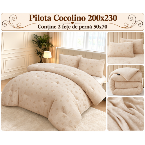 Pilotă Cocolino Pufoasă 200x230 cm – Set 3 Piese cu 2 Fețe de Pernă 50x70 cm, Moale, Călduroasă și Confortabilă PCMS4
