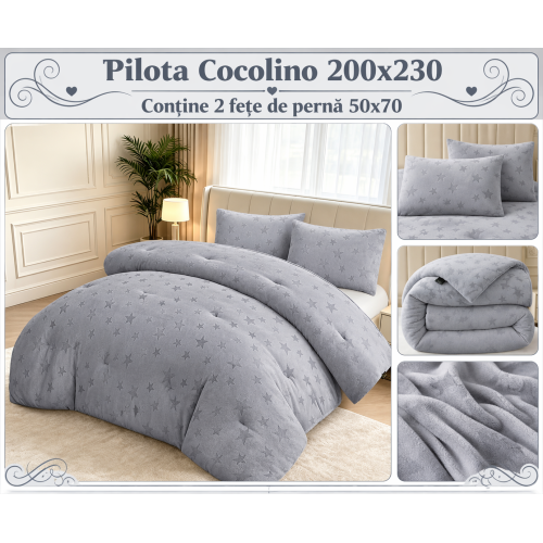 Pilotă Cocolino Pufoasă 200x230 cm – Set 3 Piese cu 2 Fețe de Pernă 50x70 cm, Moale, Călduroasă și Confortabilă PCMS7