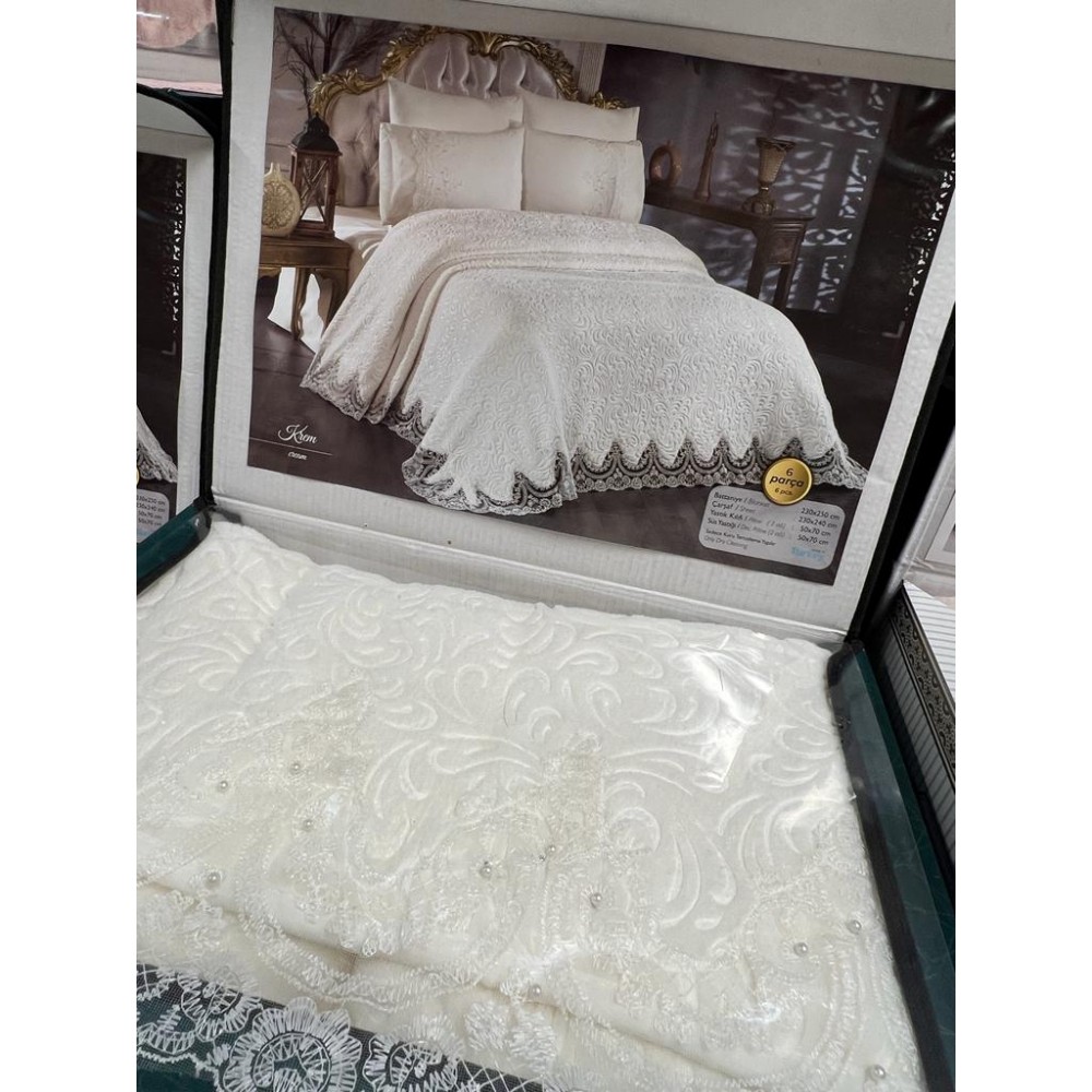 Cuvertura de lux cu broderie eleganta, 6 piese, pat 2 persoane, ALB, CL6PL2 CUVERTURI LUX 6 PIESE  CATIFEA