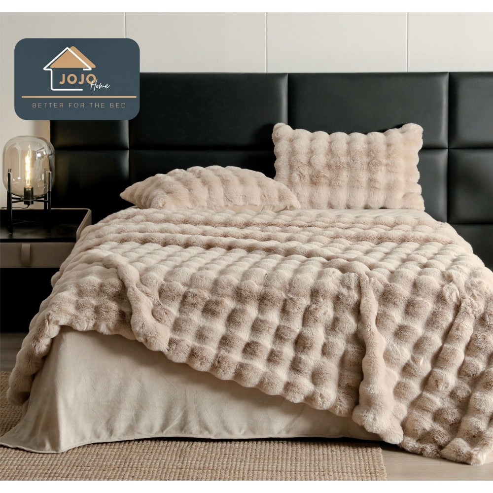 Lenjerie pat dublu, ExtraPufoasa, din Blanita artificiala de Iepure, 6 piese, Jojo Home LCBI03,  CAPPUCINO LENJERII BLANITA ARTIFICIALA IEPURE 6 PIESE