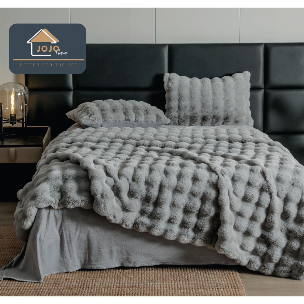 Lenjerie pat dublu, ExtraPufoasa, din Blanita artificiala de Iepure, 6 piese, Jojo Home BFLCBI05, GRI DESCHIS BLACK FRIDAY