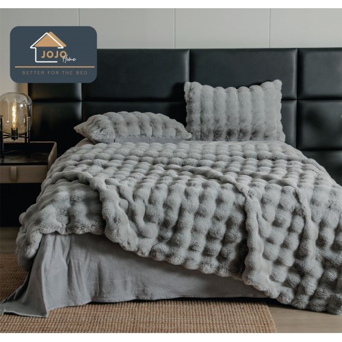 Lenjerie pat dublu, ExtraPufoasa, din Blanita artificiala de Iepure, 6 piese, Jojo Home BFLCBI05, GRI DESCHIS