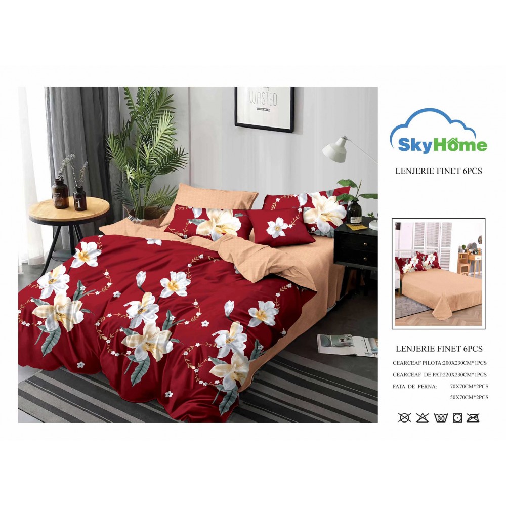 Lenjerie de Pat din Finet cu 2 Fete, 6 Piese, Pat 2 Persoane, LF6PSKY1 1 + 1 Gratis