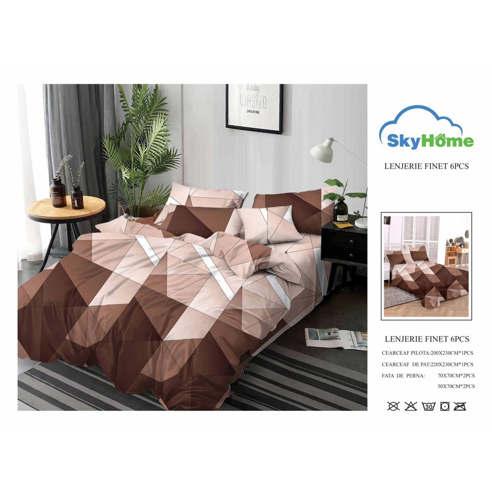 Lenjerie de Pat din Finet cu 2 Fete, 6 Piese, Pat 2 Persoane, LF6PSKY3 1 + 1 Gratis