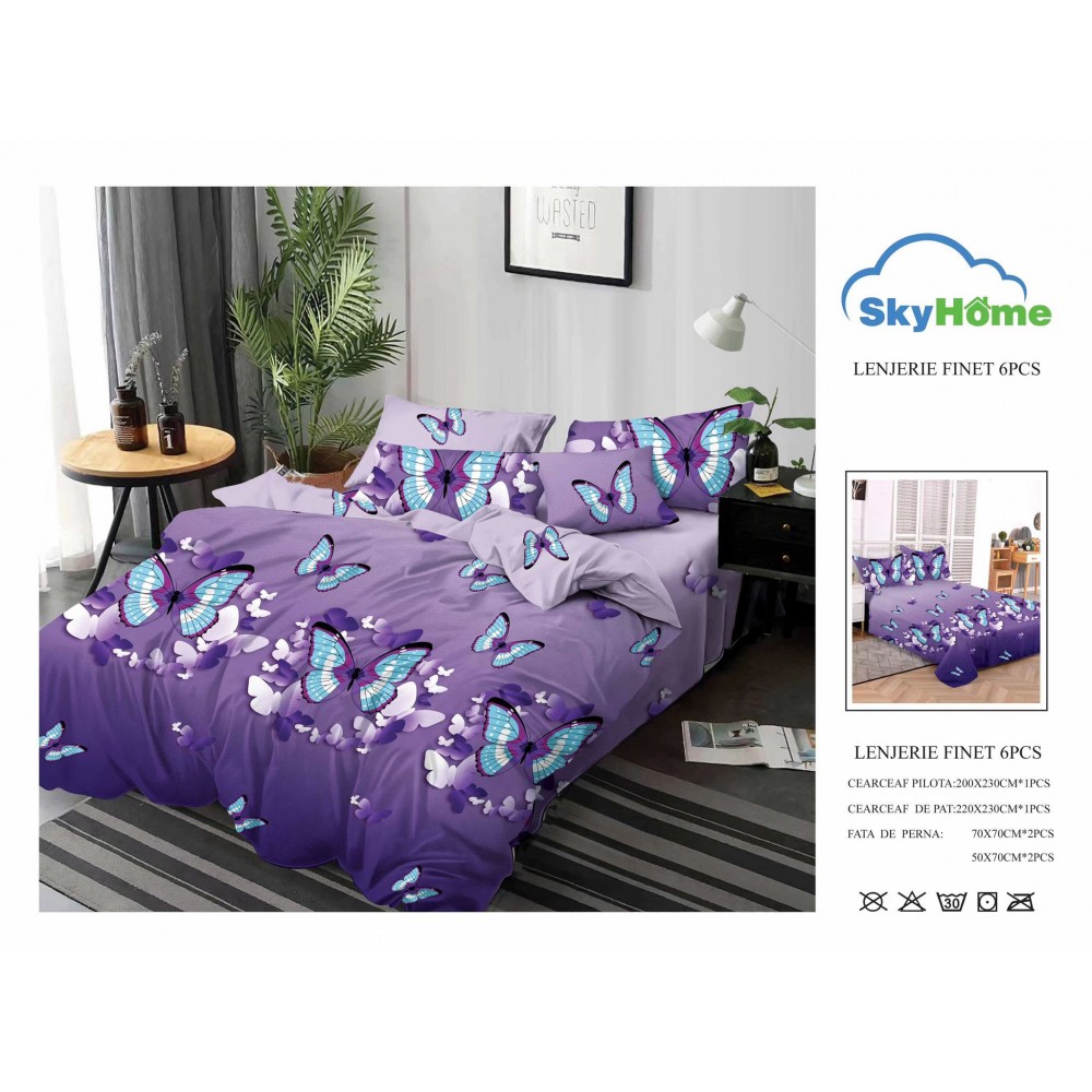Lenjerie de Pat din Finet cu 2 Fete, 6 Piese, Pat 2 Persoane, LF6PSKY4 1 + 1 Gratis