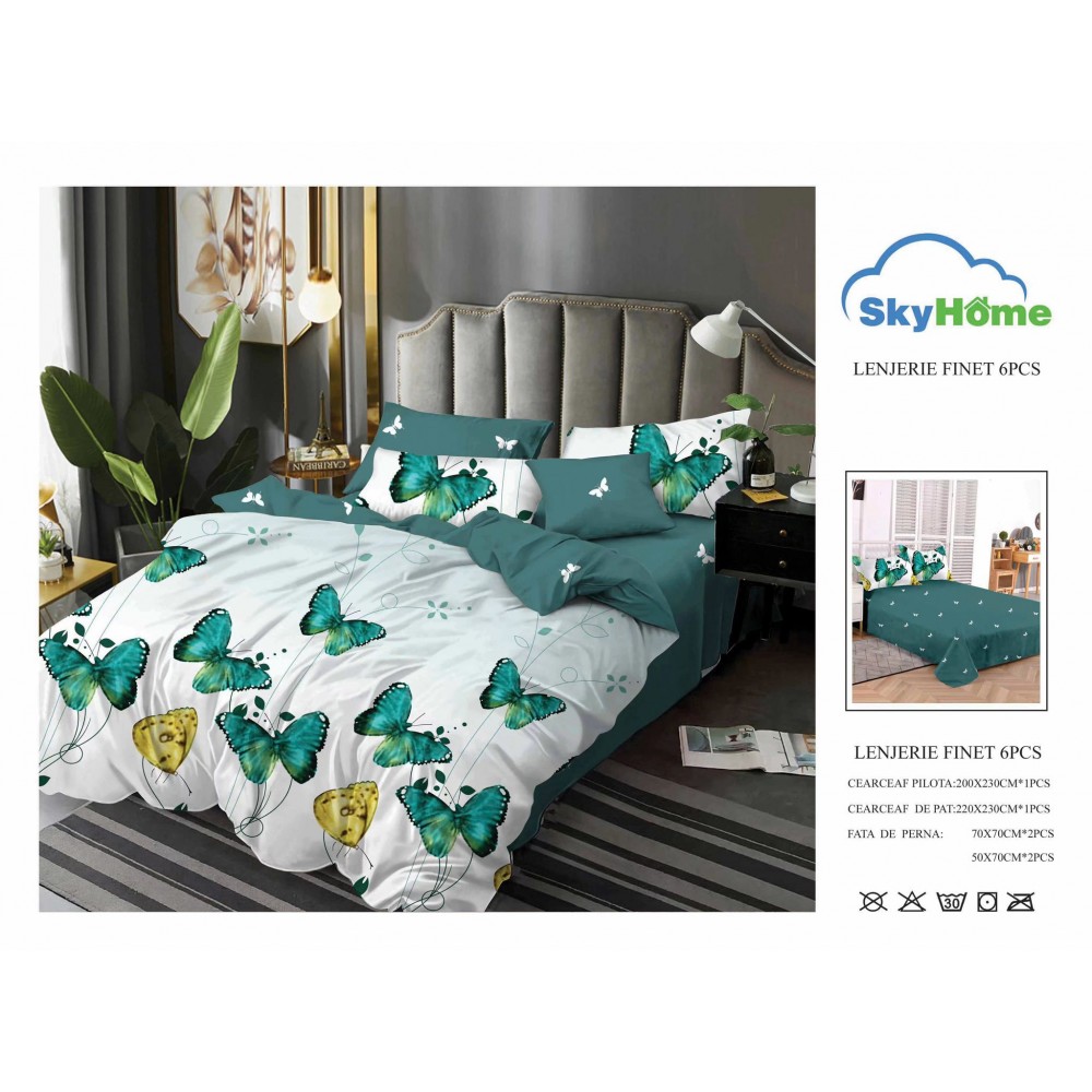 Lenjerie de Pat din Finet cu 2 Fete, 6 Piese, Pat 2 Persoane, LF6PSKY5 1 + 1 Gratis