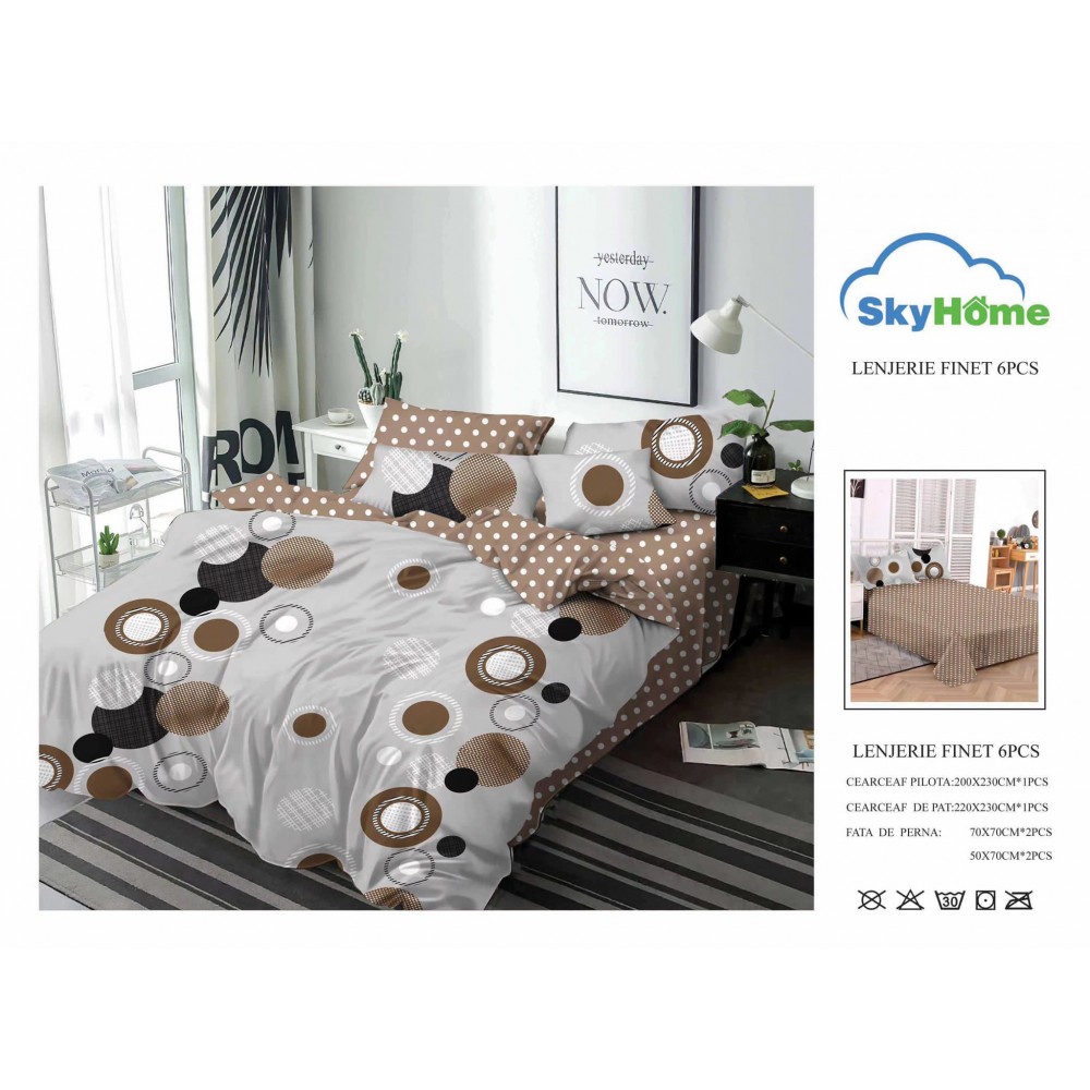 Lenjerie de Pat din Finet cu 2 Fete, 6 Piese, Pat 2 Persoane, LF6PSKY6 1 + 1 Gratis