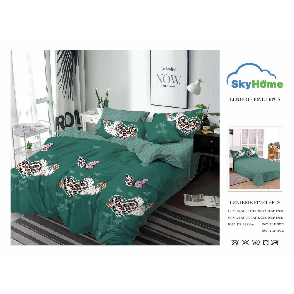 Lenjerie de Pat din Finet cu 2 Fete, 6 Piese, Pat 2 Persoane, LF6PSKY7 1 + 1 Gratis