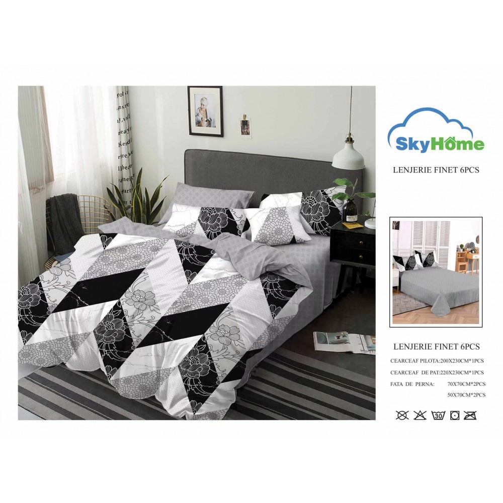 Lenjerie de Pat din Finet cu 2 Fete, 6 Piese, Pat 2 Persoane, LF6PSKY11 1 + 1 Gratis