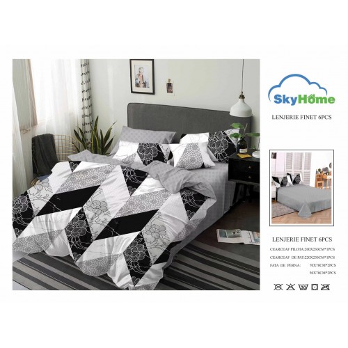 Lenjerie de Pat din Finet cu 2 Fete, 6 Piese, Pat 2 Persoane, LF6PSKY11