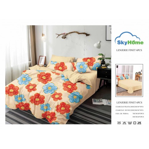 Lenjerie de Pat din Finet cu 2 Fete, 6 Piese, Pat 2 Persoane, LF6PSKY12