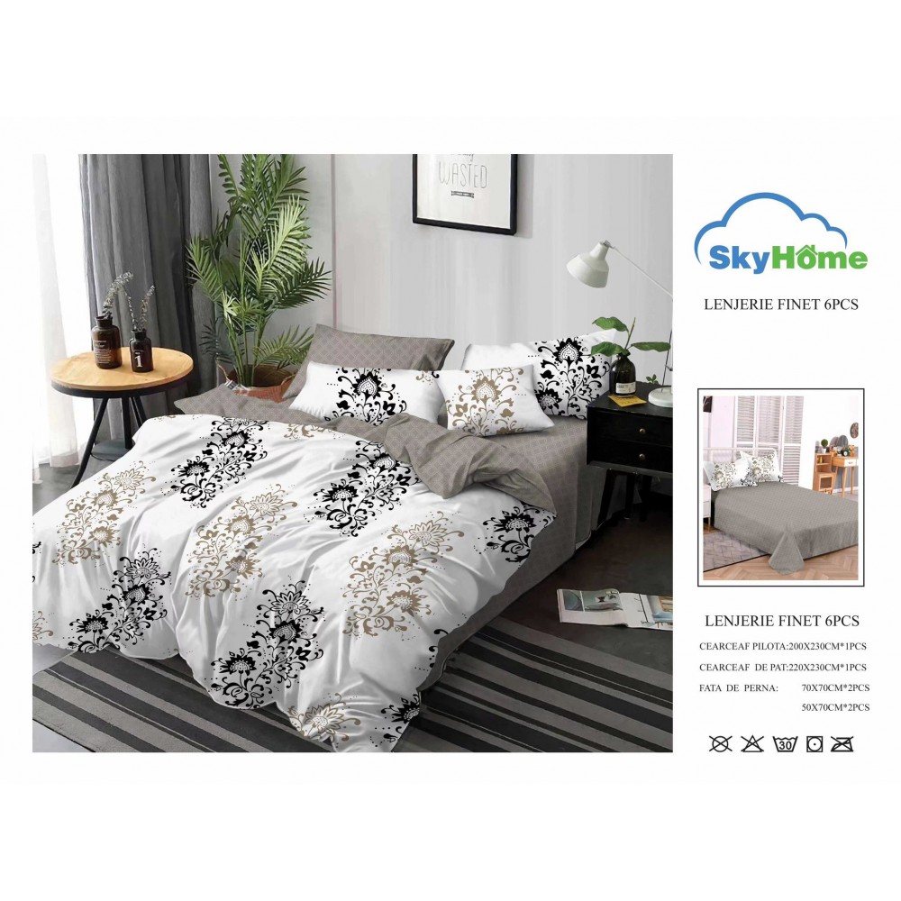 Lenjerie de Pat din Finet cu 2 Fete, 6 Piese, Pat 2 Persoane, LF6PSKY14 1 + 1 Gratis