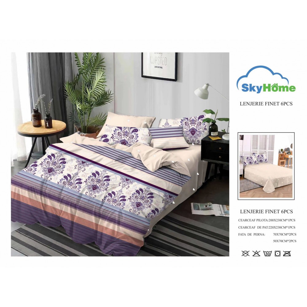 Lenjerie de Pat din Finet cu 2 Fete, 6 Piese, Pat 2 Persoane, LF6PSKY18 1 + 1 Gratis