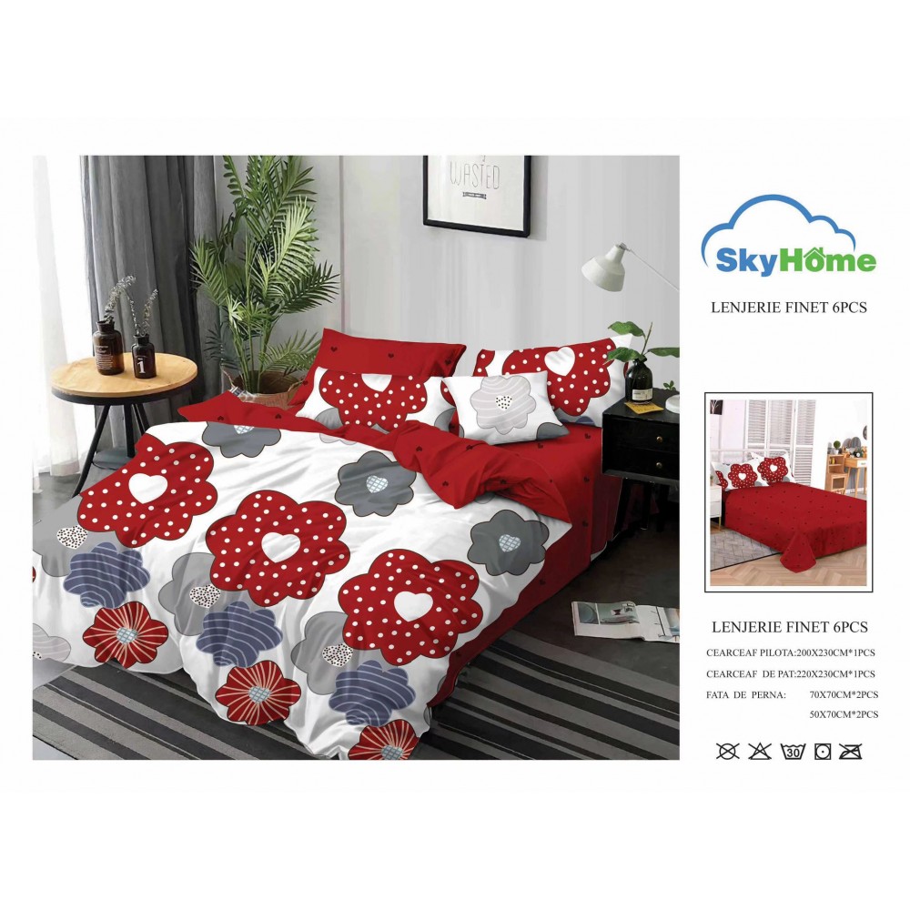 Lenjerie de Pat din Finet cu 2 Fete, 6 Piese, Pat 2 Persoane, LF6PSKY19 1 + 1 Gratis
