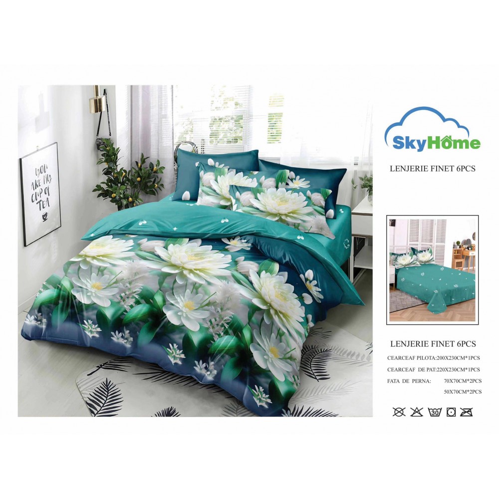 Lenjerie de Pat din Finet cu 2 Fete, 6 Piese, Pat 2 Persoane, LF6PSKY20 1 + 1 Gratis