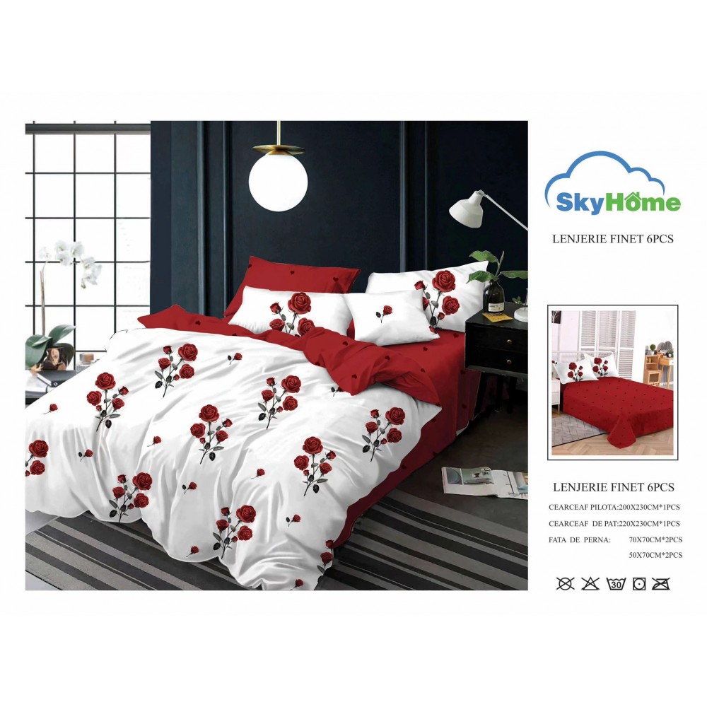 Lenjerie de Pat din Finet cu 2 Fete, 6 Piese, Pat 2 Persoane, LF6PSKY23 1 + 1 Gratis