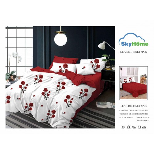 Lenjerie de Pat din Finet cu 2 Fete, 6 Piese, Pat 2 Persoane, LF6PSKY23