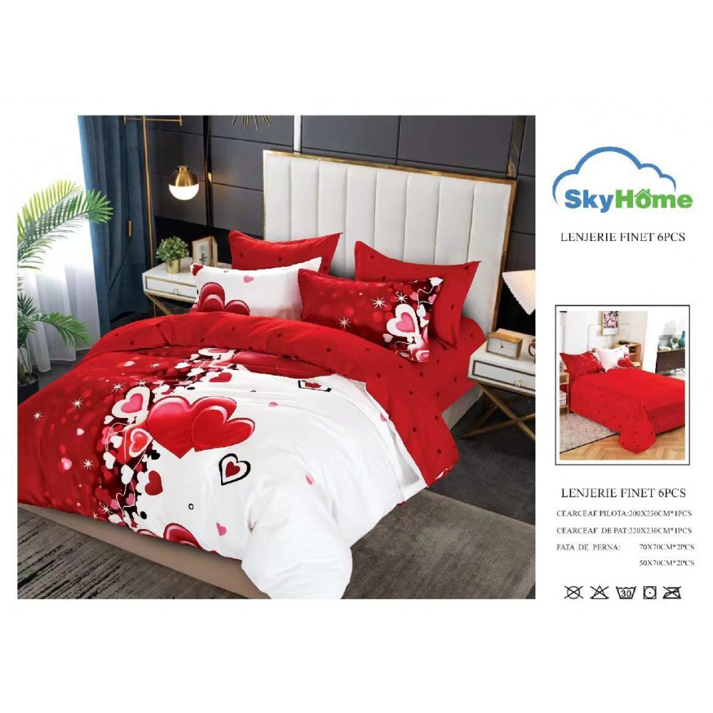 Lenjerie de Pat din Finet cu 2 Fete, 6 Piese, Pat 2 Persoane, LF6PSKY25 1 + 1 Gratis