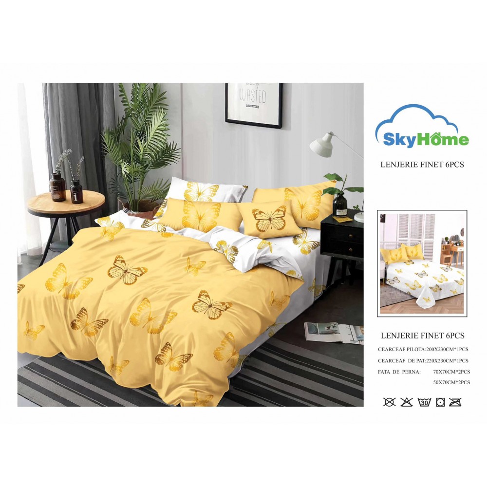 Lenjerie de Pat din Finet cu 2 Fete, 6 Piese, Pat 2 Persoane, LF6PSKY26 1 + 1 Gratis