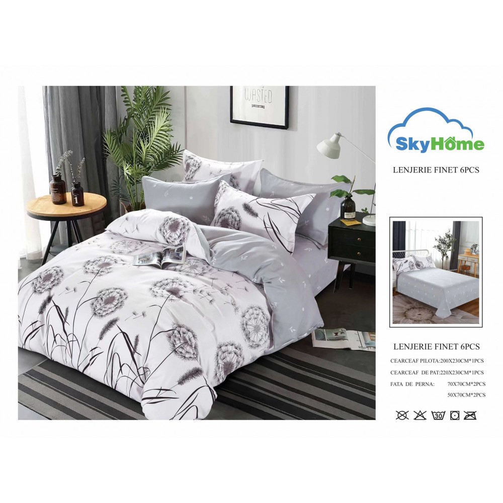 Lenjerie de Pat din Finet cu 2 Fete, 6 Piese, Pat 2 Persoane, LF6PSKY27 1 + 1 Gratis