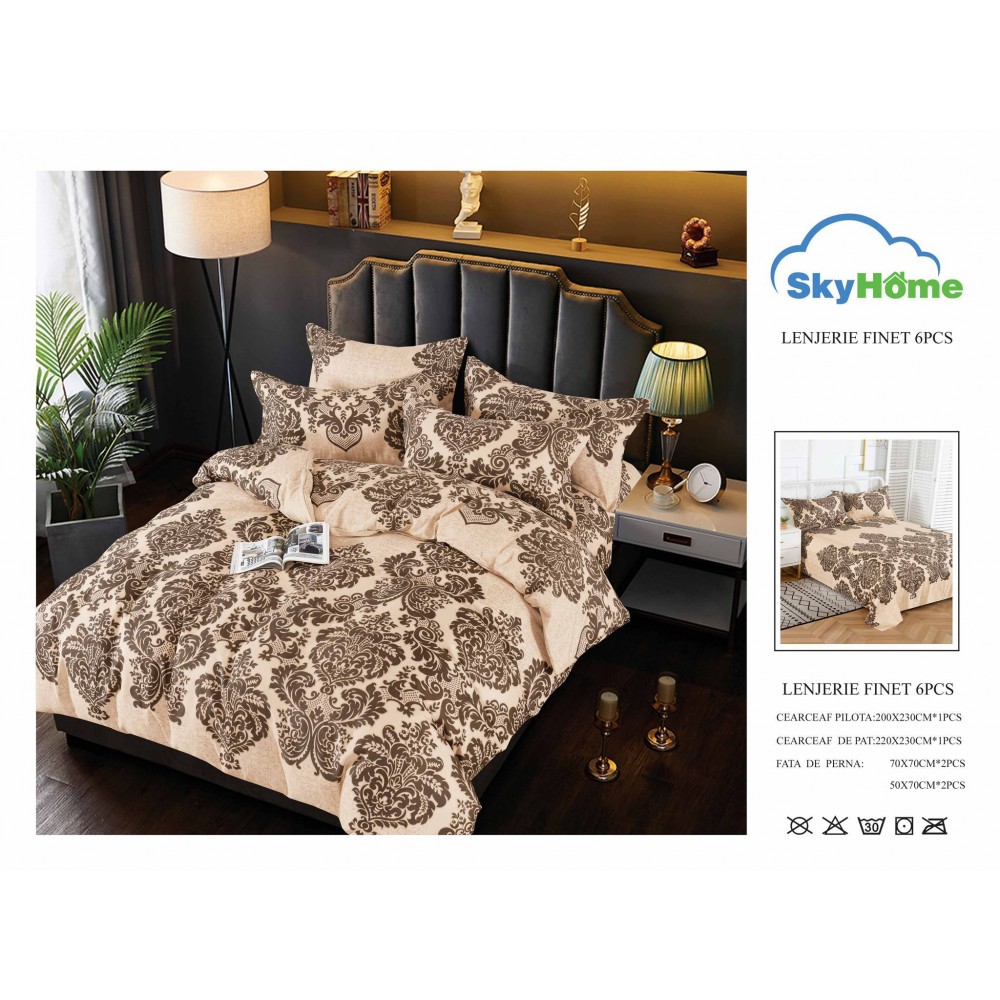 Lenjerie de Pat din Finet cu 2 Fete, 6 Piese, Pat 2 Persoane, LF6PSKY32 1 + 1 Gratis